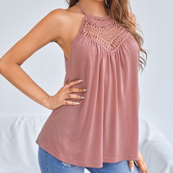 Boho Pink Cutout Detail Tie Back Halter Tank Top - Picture 5 of 6